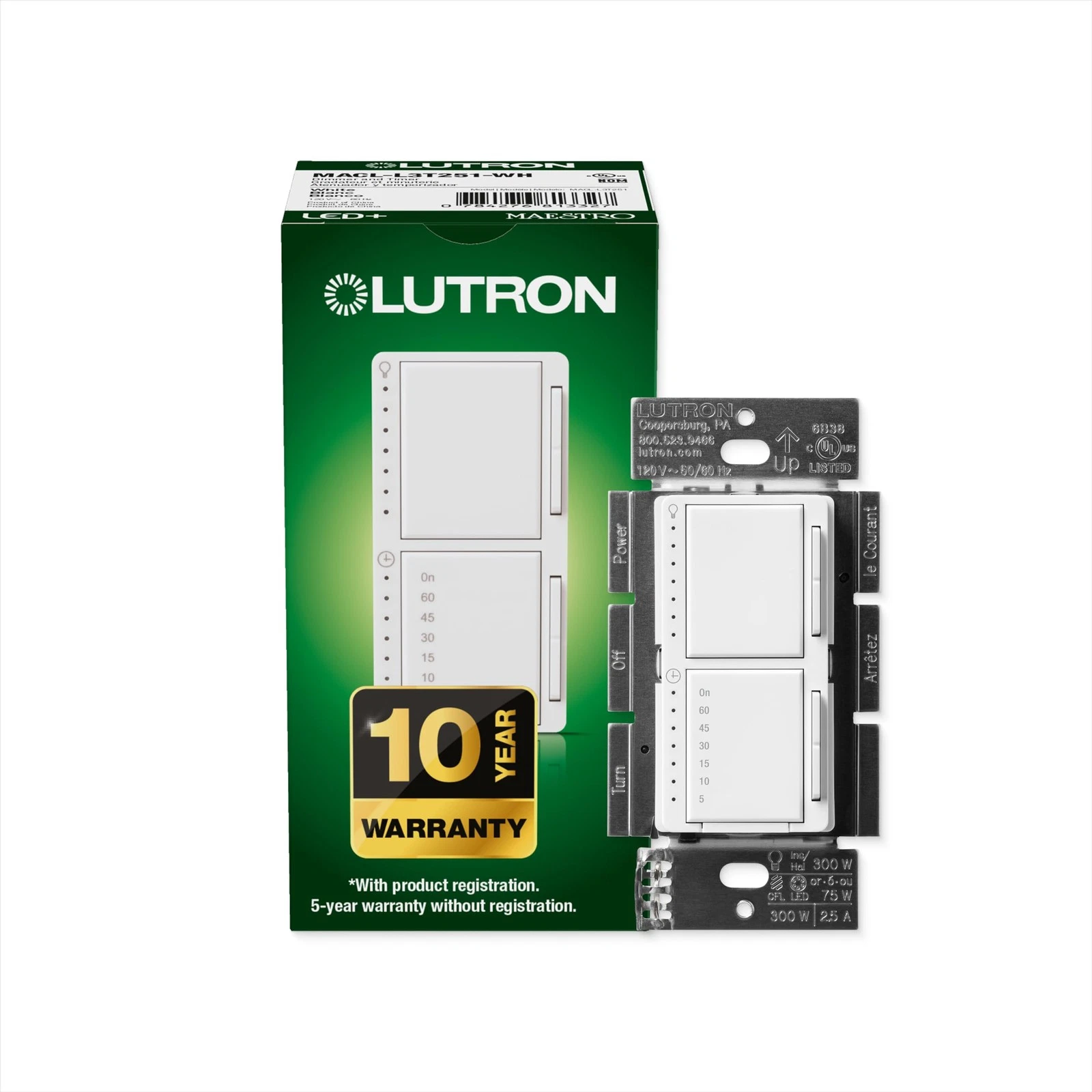 Lutron Maestro LED+ Stacked Dimmer & Timer Switch Combo – Space 1 Pack, White