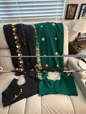 Saree Set Black Green Embroidered Fabric Traditional Indian Outfit Women