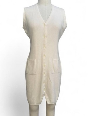 Stefanel Vintage Wool Blend Cream Sleeveless Button Up Knit Dress Pockets M