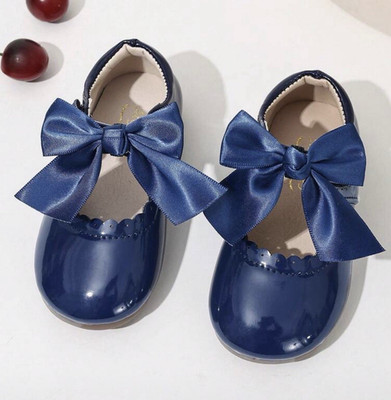 Girls Blue Mary Jane Dress Shoes Bow Flat Round Toe Solid Ankle Size 4