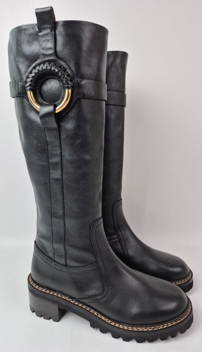 See by Chloé Women's Black Hana Knee High Boots Lug Sole Size 37.5 Chloe