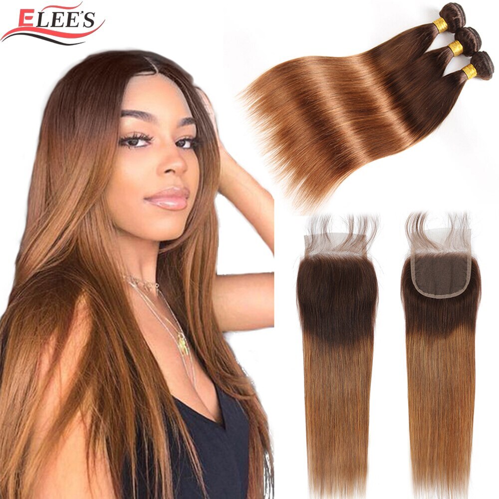 Ombre Brazilian Human Hair Bundles With Closure T4/30 Brown