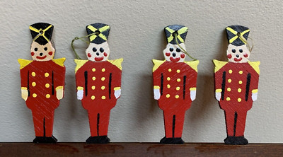 Vintage Lot of 4 Hand Painted Christmas Ornaments Balsa Wood - Red Tin Soldiers