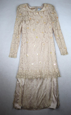 Vintage Women's Dress Nuit Saks Fifth Avenue Lace Sequin Fringe Long Sleeve