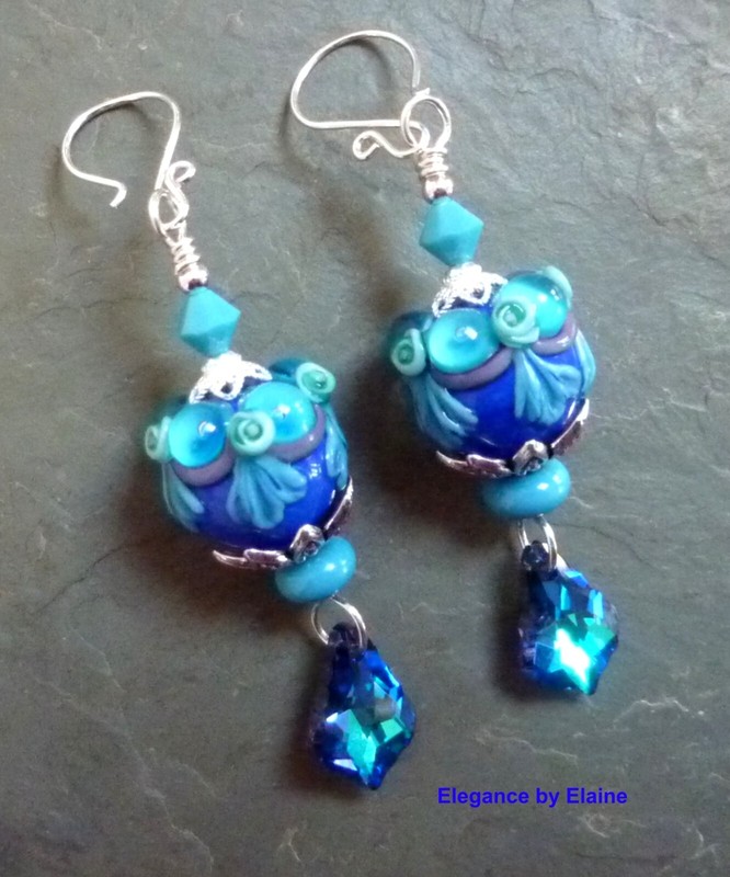 Turquoise Blue Earrings Artisan made Lampwork Bead Sterling Silver Crystals OOAK