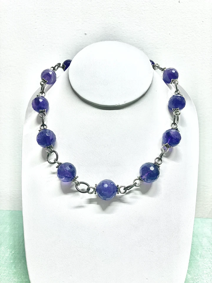 Amethyst Sterling Silver Necklace Natural Round Faceted Gemstone