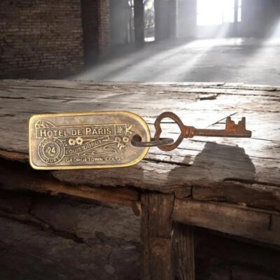 Brothel Room Key with Tag Hotel De Paris  Georgetown Colo. Antique finish