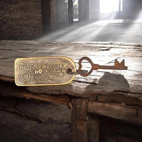 Brothel Room Key with Tag“Hotel De Paris” Georgetown Colo. Antique finish