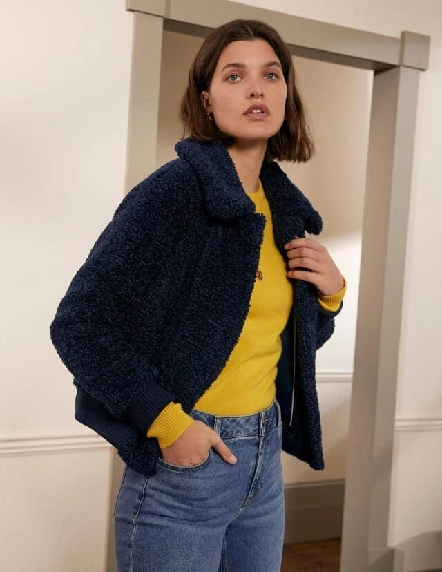 Boden Teddy Bomber Jacket UK 8 Navy Textured Round Collar Pockets NEW SAMPLE