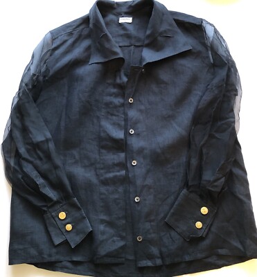 Auth CHANEL Black Linen & Silk Blouse 4 Gold Buttons Size 40