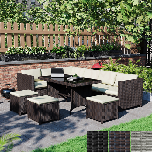 Rattan Garden Furniture 9 Seater Corner Sofa Dining Table Stool Set