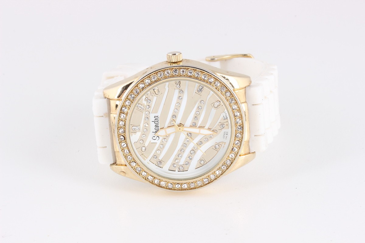 SCHANDRA ANALOG JL568 GOLD-TONED & WHITE W/CLEAR STONES WRISTWATCH