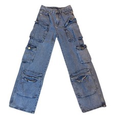 Y2K Baggy Cargo Jeans Women's XS 34 Blue Wide Leg Utility Skater Grunge