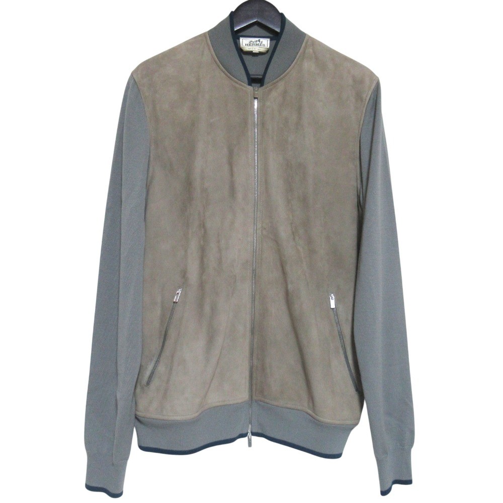 ジャケット・アウター HERMES suede leather ds knit green HERMES Knit-paneled Suede Leather Blouson Jacket, Size XL, Beige