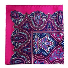 Fuchsia Navy Blue Floral Paisley Silk Pocket Square Hand-Rolled in England