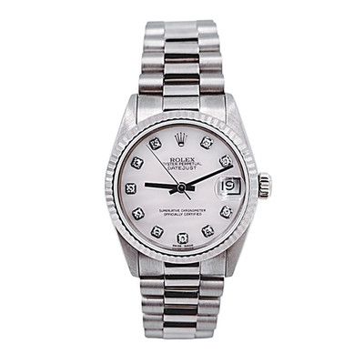 Midsize Rolex 31mm DateJust 18K White Gold Watch w/Pink Diamond Dial. (68279)