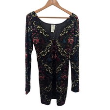 Free People Mini Dress Womens LG Black Floral Velvet Burnout Scoop Neck Bodycon