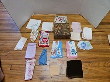 18 Vintage HANKERCHIEFS Cotton VOILE Linen CROCHETED SCALLOPED Edges WOOD BOX