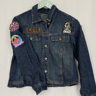 VTG Bill Blass Jean Jacket Womens Large Petite Trucker Patches Goth Hippie  Gamer