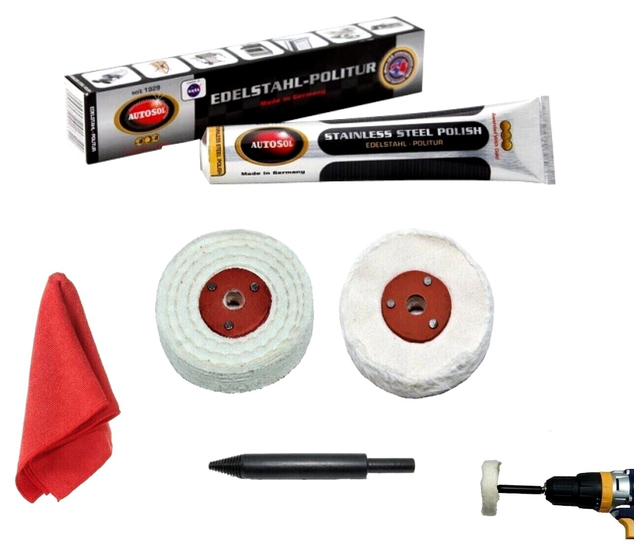 Autosol Stainless Steel Polish Polishing Kit Drill Use