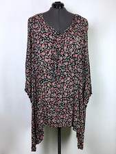 Size 9X Black  Rose Floral Bell Sleeve Tie Neck Gauze Like Cotton Shirt