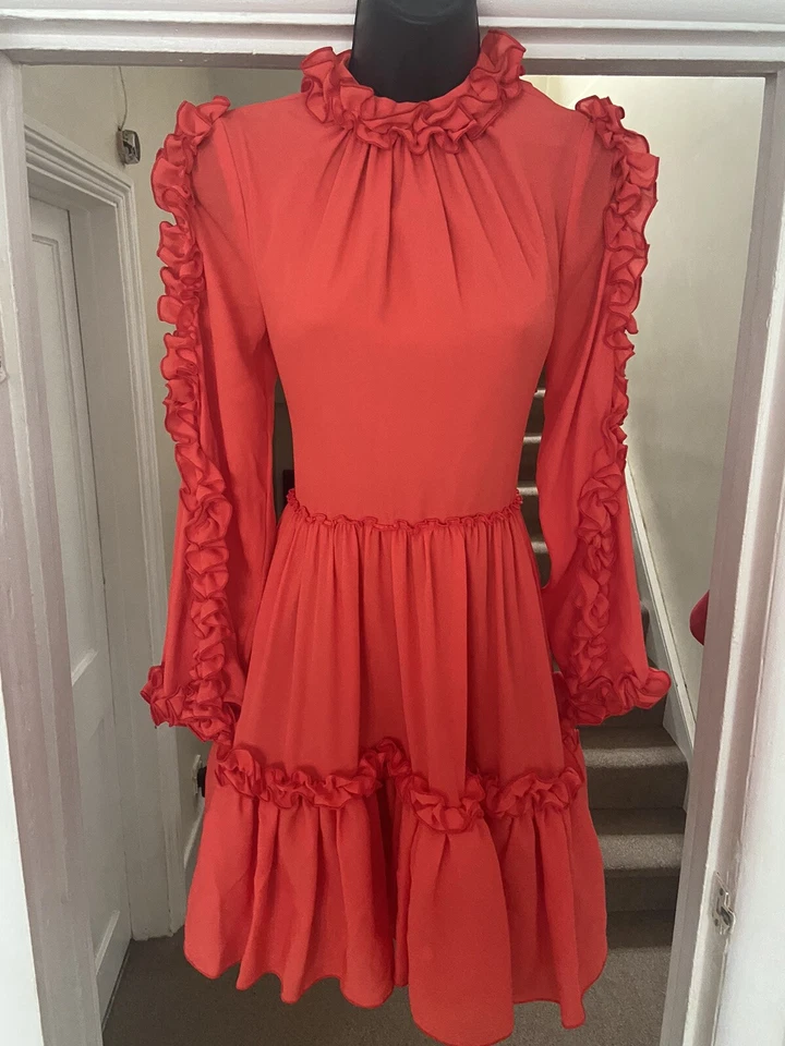 Vestido La Radoute Damas Rojo Dados Kayek Volantes Hombro Frío Talla 8 Ocasión Foto 2 de 4