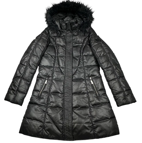 Apple Bottoms Parka Jacket MEDIUM Black Puffer Faux Fur Hood Nelly Y2K Hip Hop