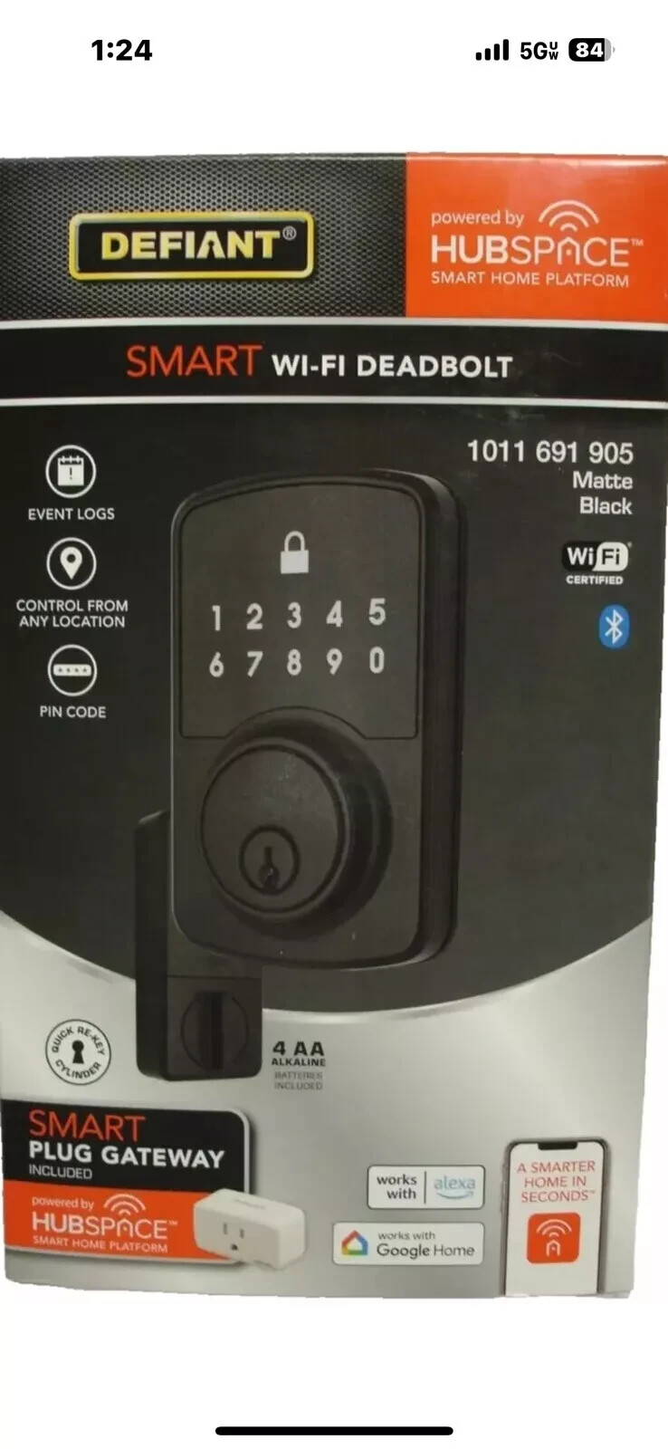 Defiant Smart Wi-Fi Deadbolt Matte Black with Hubspace Technology HSGCXX901ALPB  