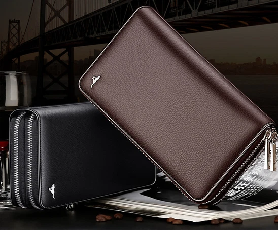 Septwolves Hombres Cuero de Vaca Cartera Monedero Cremallera Bolso sin asas Negro 4964082-01 Foto 3 de 4