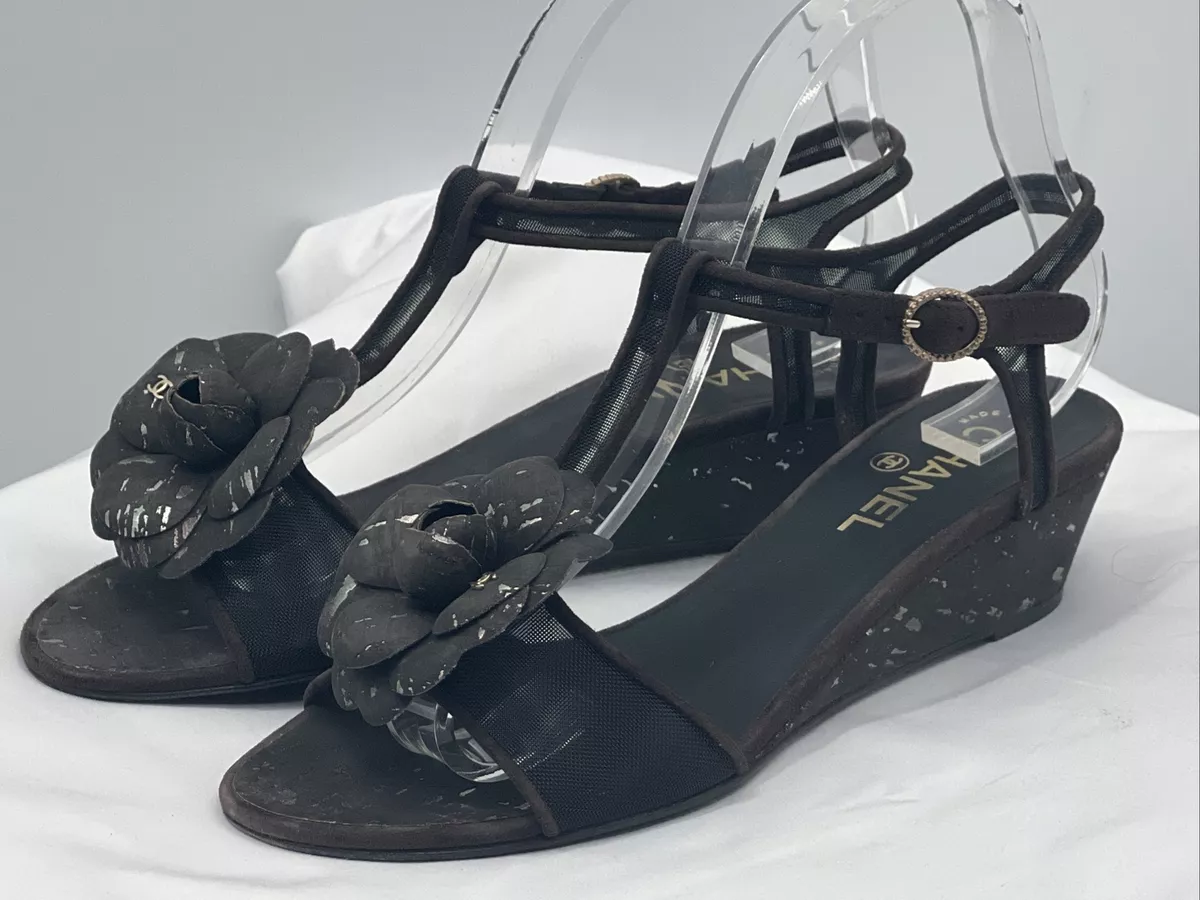 CHANEL Camellia Dark Brown Mesh Suede CC T Strap Cork Wedge