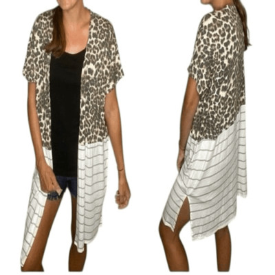 7th Ray Leopard & Stripe Long Duster Cardigan Sz Large