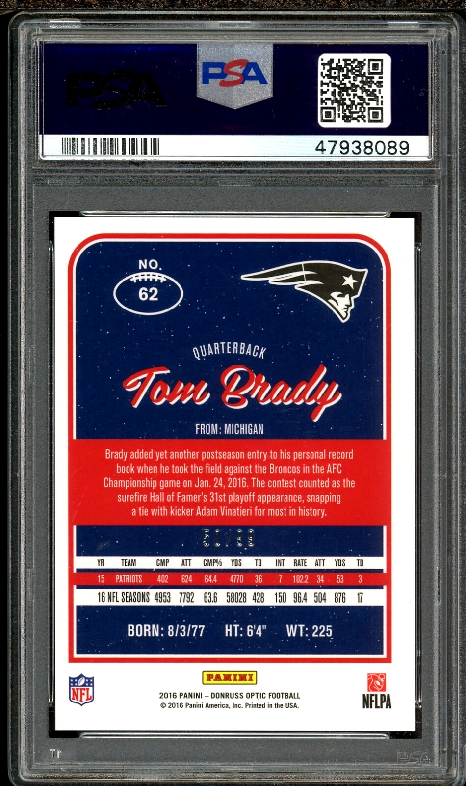 2016 Donruss Optic #62 Tom Brady #/99 Red Prizm Holo Refractor PSA 9 Mint 1st Yr view 2