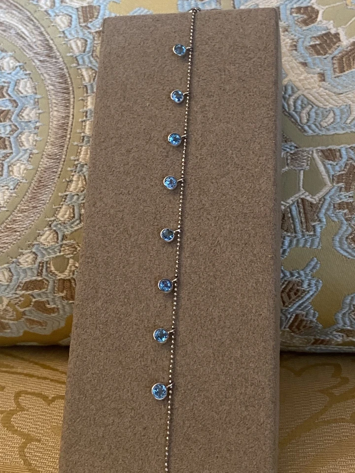 JUEGO BISEL TOPACIO AZUL ORO BLANCO MACIZO 14K ESTACIÓN CAÍDA COLGANTE TOBILLERA 9" NUEVO SIN ETIQUETAS Foto 3 de 4