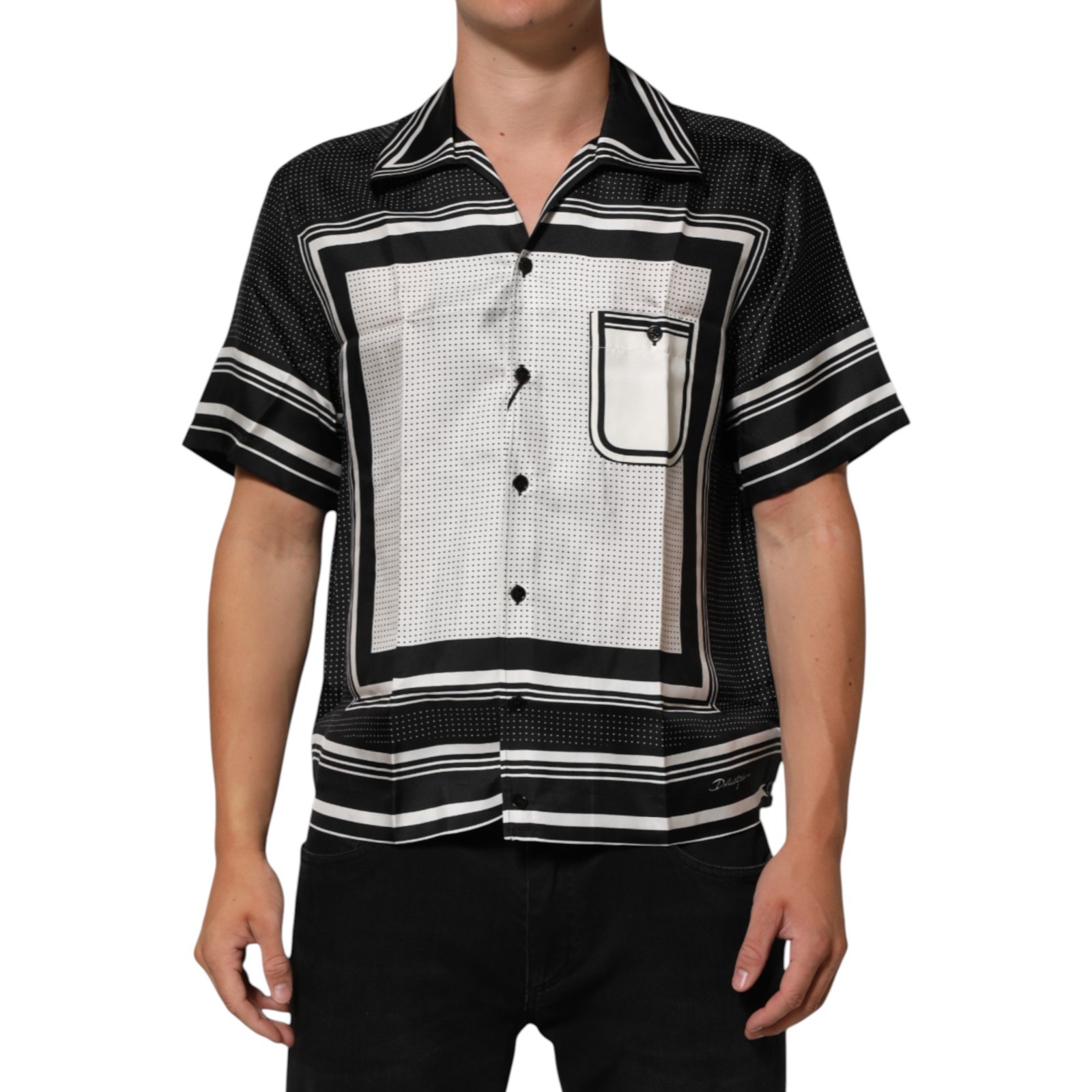 DOLCE & GABBANA Shirt Black White StripeDot Print Casual Polo 38/US15/XS 1270usd
