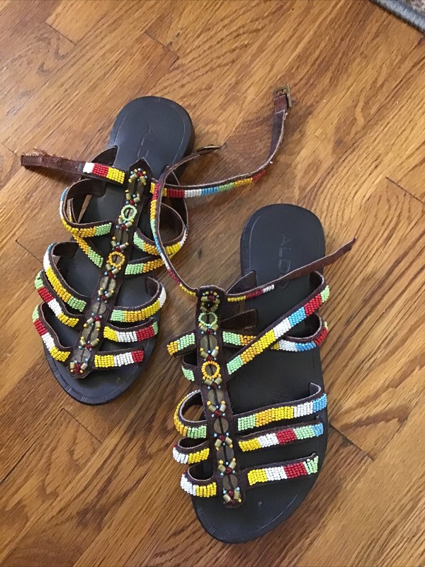 Aldo Multicolored Beaded Sandals - Size 36 or 6 - Flat Brown - Strappy
