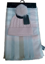 VINCE CAMUTO SCARF  HAT SET NEW Women  s Faux Fur Pom Beanie PINK  PLAID