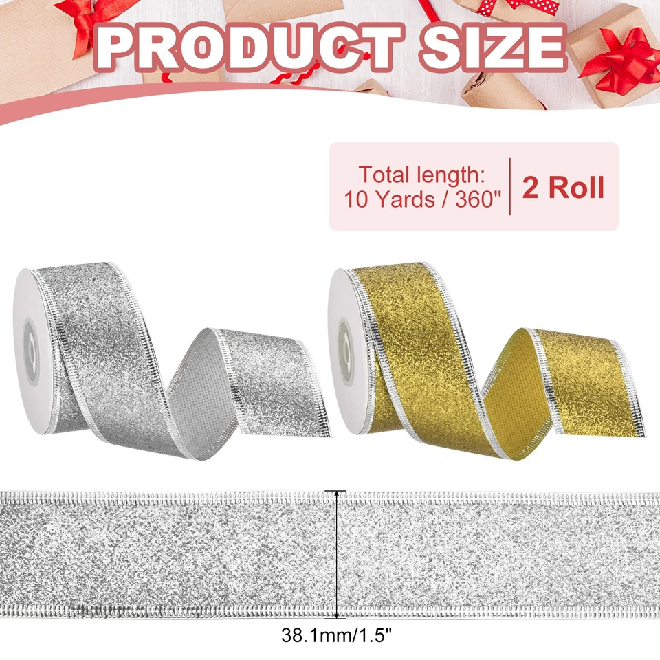 Cinta de Navidad de 20 yardas x 1,5", brillo metálico de cinta con cable, amarillo/plateado Foto 2 de 4