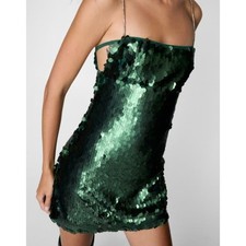 NWT NastyGal Disc Sequin Cut Out Side Strappy Mini Dress Emerald Green Size 12