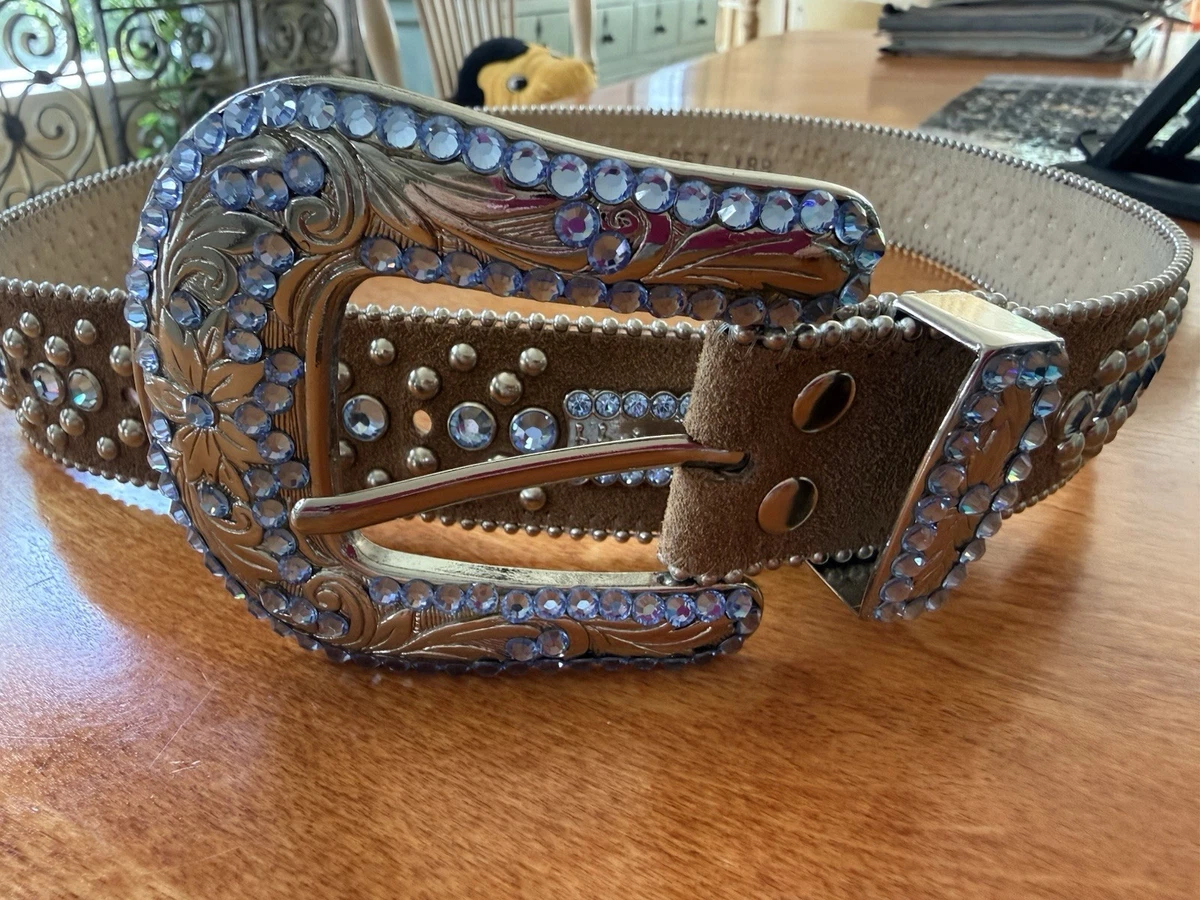 B.B. Simon Brown Leather Studded Belt with Silver Buckle and Swarovski Crystals B.B. SIMON Swarovski Crystal Silver Studded Cowgirl Western  main image 2