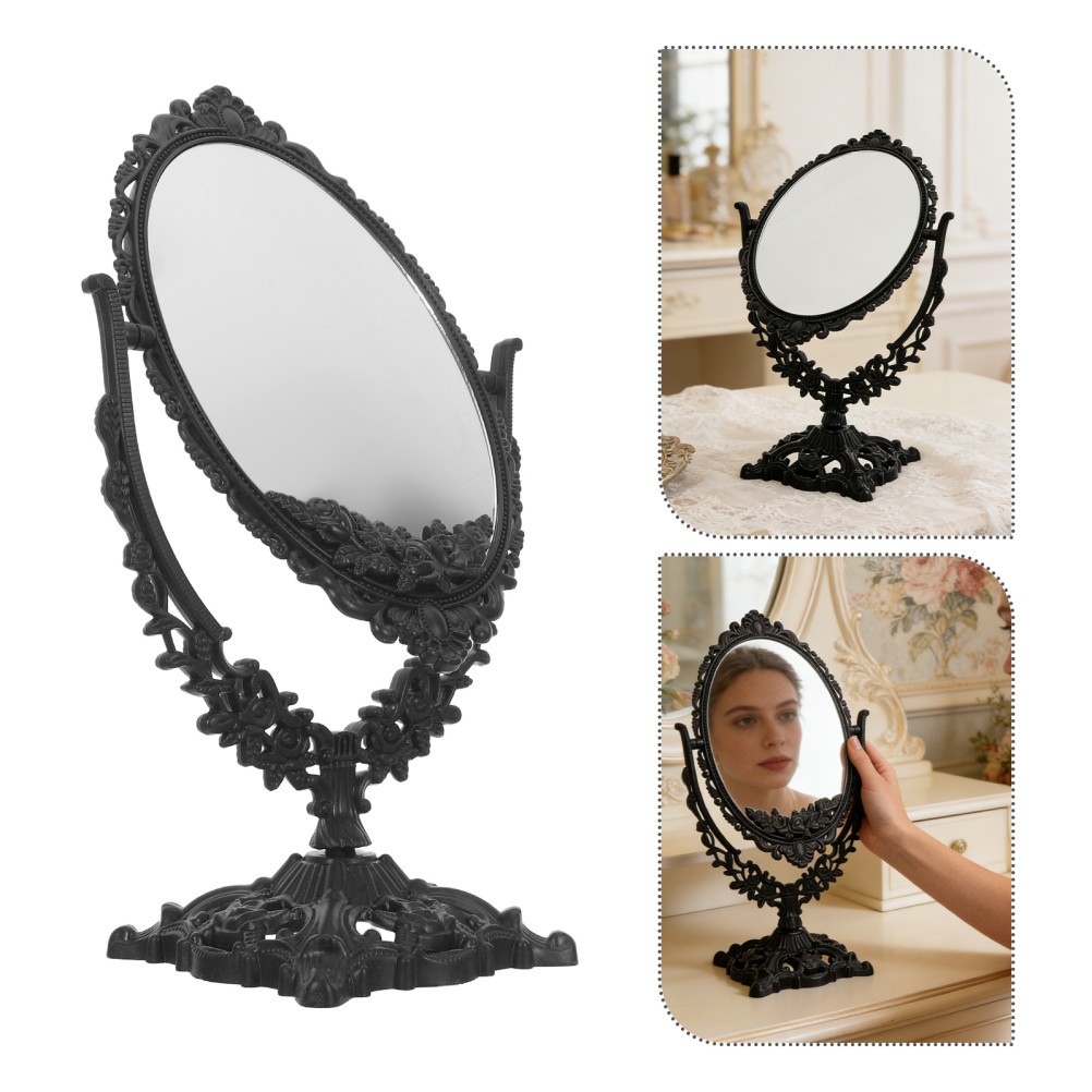 Specchio da toeletta retrò decorato double face 360 girevole cornice plastica nera foto 2
