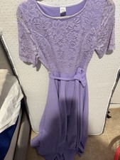 Women's Purple Floral Lace A-Line Knee Length Dress, Short Sleeve, Belted Bow L