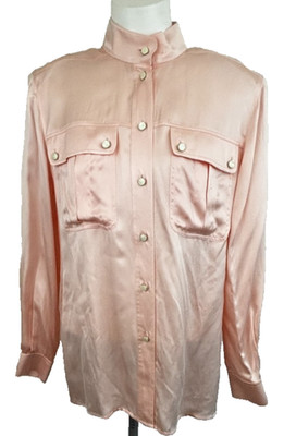 80s 90s Blouse BASLER Vintage Soft Pink Silk Women's 8 Pockets Long Sleeves