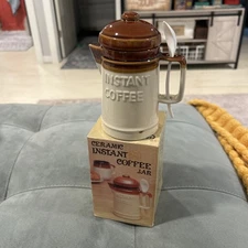 Vintage Ceramic Instant Coffee Jar Two-Tone Brown and Beige Original Box/Spoon