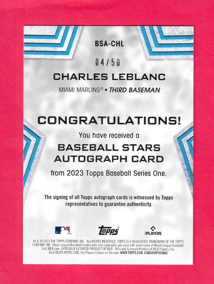CHARLES LEBLANC 2023 Topps Series 1 Baseball Stars RC AUTO GOLD /50 BSA-CHL - Image 2 of 2