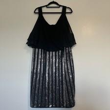 Pianeta Cocktail Dress S 18 Black Top Cold Shoulder Sleeves Silver Sequin Skirt