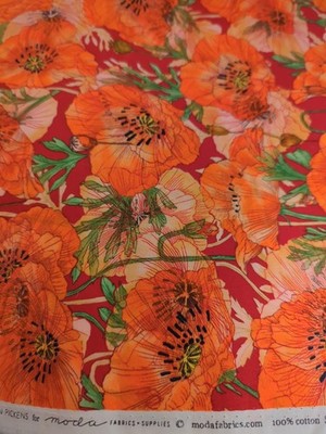 Robin Pickens' Superbloom's Orange Poppy On Red Cotton Fabric-52'' In Length 