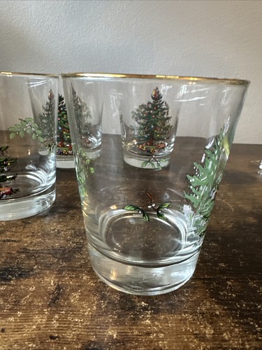 Set of 4 Christmas Tree Lowball/Rock Old Fashioned Gold Rimmed Glasses - Picture 3 of 12