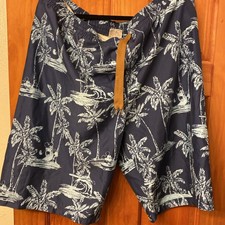 Disney Swim Trunks Mens L Blue Mickey Mouse Palm Tree Print Hawaiian Drawstring