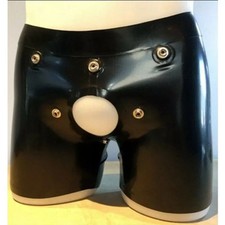 Black Men Latex Shorts with Codpiece Crotch Hole Back Zipper Rubber Short Pants