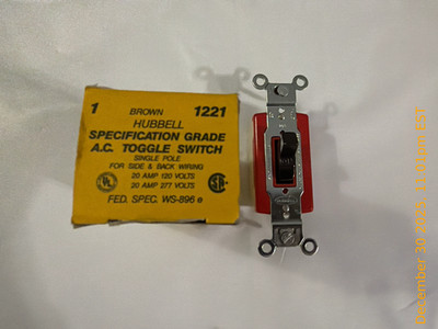 NEW Brown Hubbell, Single Pole Toggle Switch 20 Amp 120V 1221 Red